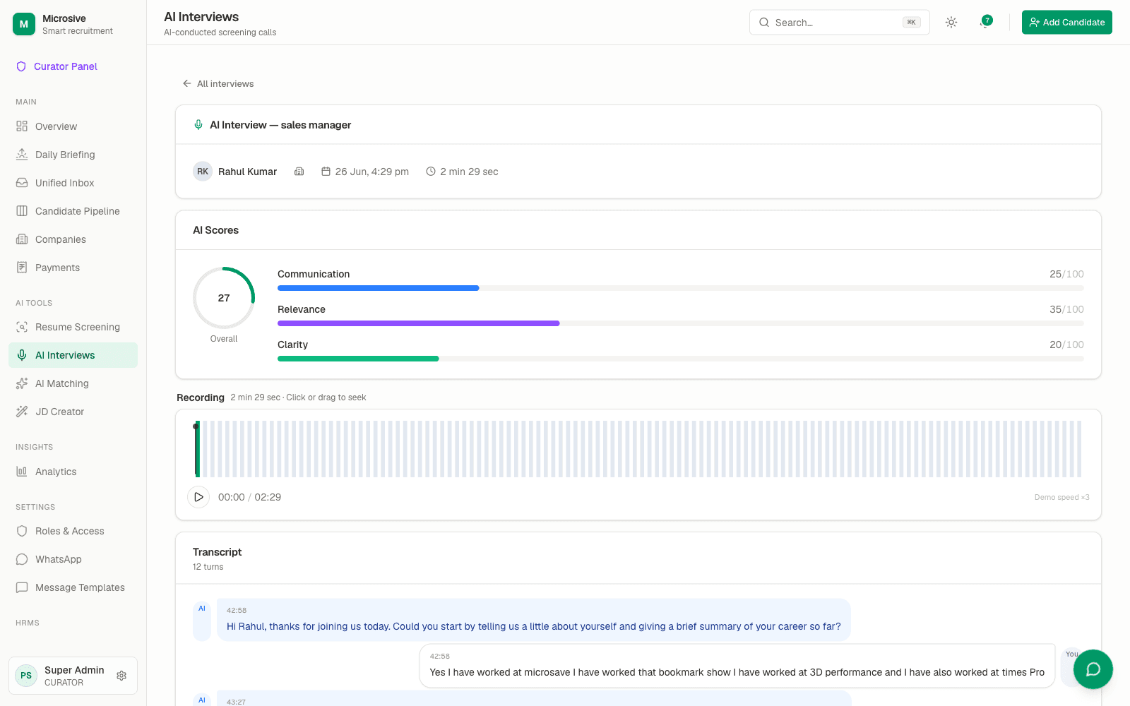 AI interview report inside Microsive ATS: scores, recording, transcript